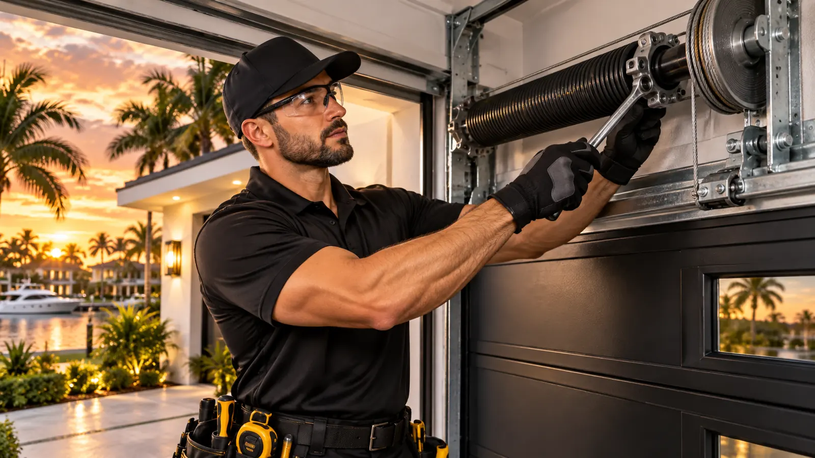 Technician winding a torsion spring above a black sectional garage door at sunset