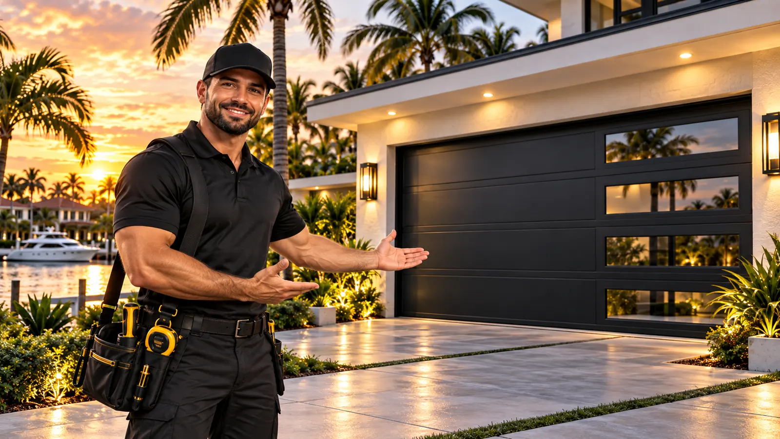 Technician presenting a hurricane-rated black sectional garage door on a Palm Beach waterfront home