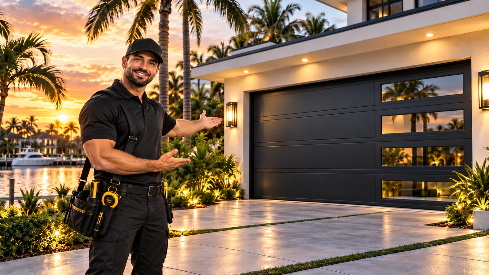 Technician presenting a newly installed black sectional garage door on a modern Palm Beach home
