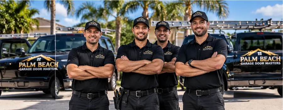 The Palm Beach Garage Door Masters team in front of their trucks
