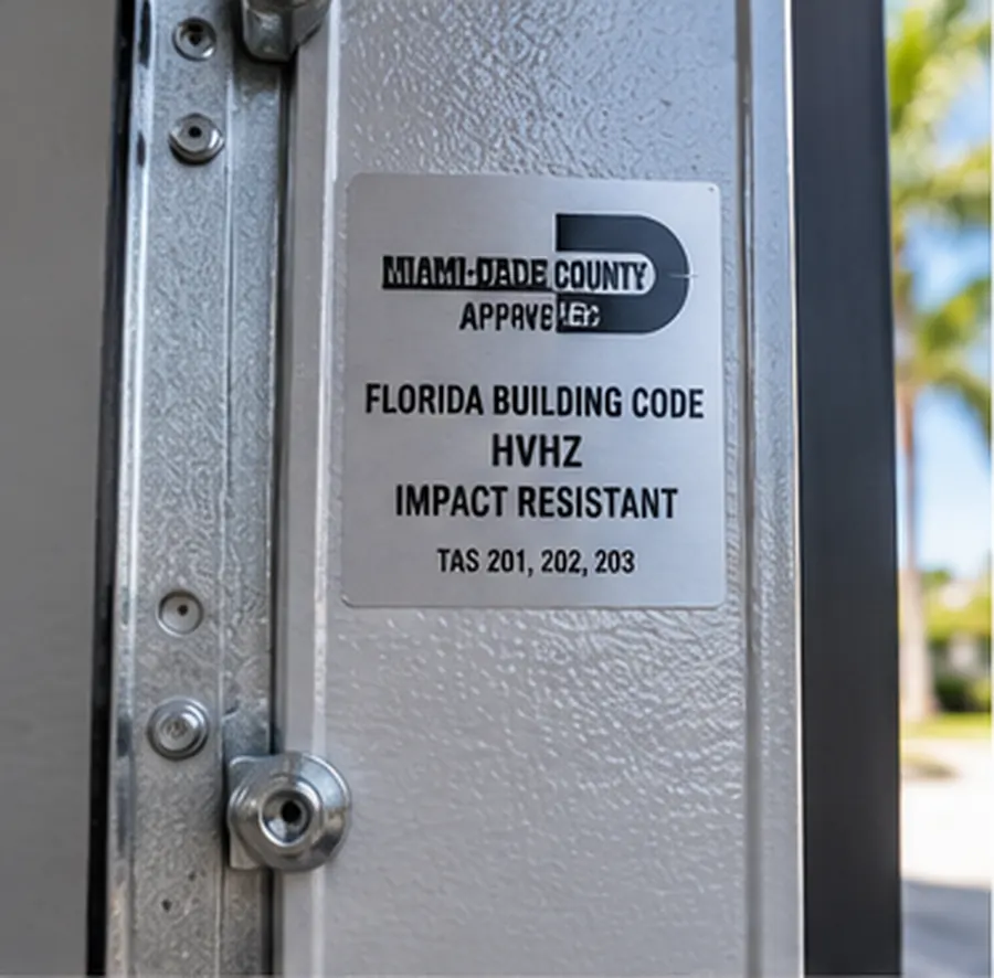 Manufacturer approval label riveted to the inside of a garage door: Miami-Dade County approved, Florida Building Code, HVHZ, impact resistant